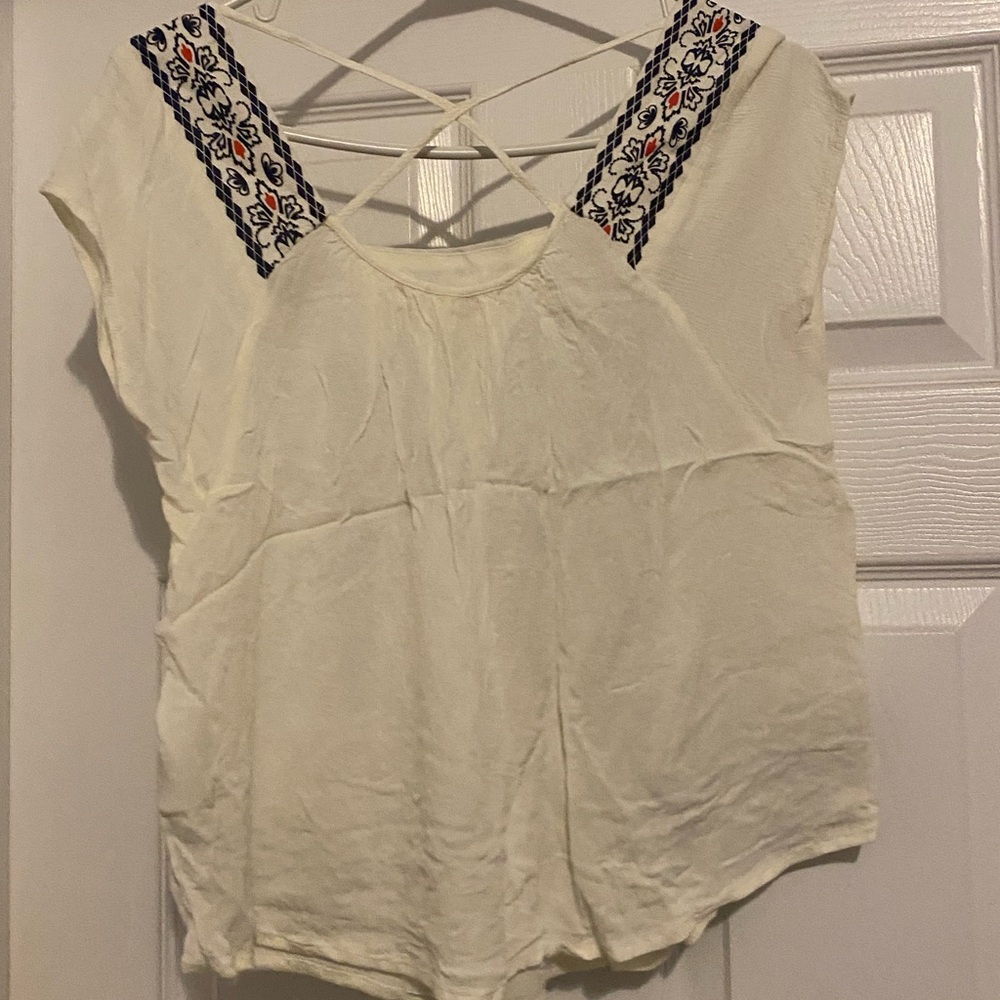 Jolt White Boho Embroidered Cap-Sleeve Top with Navy & Coral Accents - Picture 2 of 3